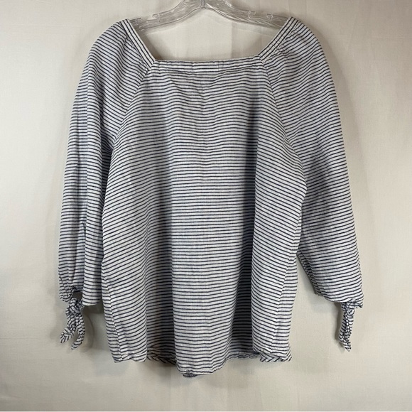 LIZ CLAIBORNE Linen Blend Blue White Pinstripe Boat Neck 3/4 Sleeve Size PL - Picture 9 of 10